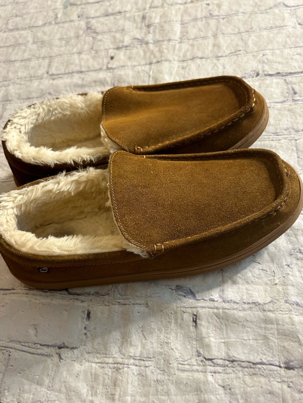 LAMO MEN’S BROWN SUEDE LEATHER FAUX FUR SHEARLING LINING SLIPPERS SIZE 12